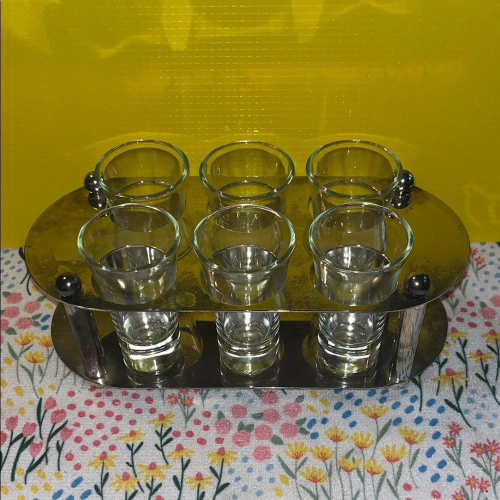 Mid-Century Modern Bar Caddy with 6 Cordial‎ Glasses
